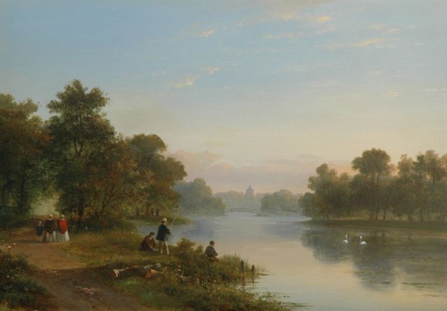 Lodewijk Johannes Kleijn | Vissers en wandelaars bij de parkvijver van paleis Huis ten Bosch, Den Haag, olieverf op paneel, 37,4 x 53,5 cm, gesigneerd m.o. en te dateren ca. 1860