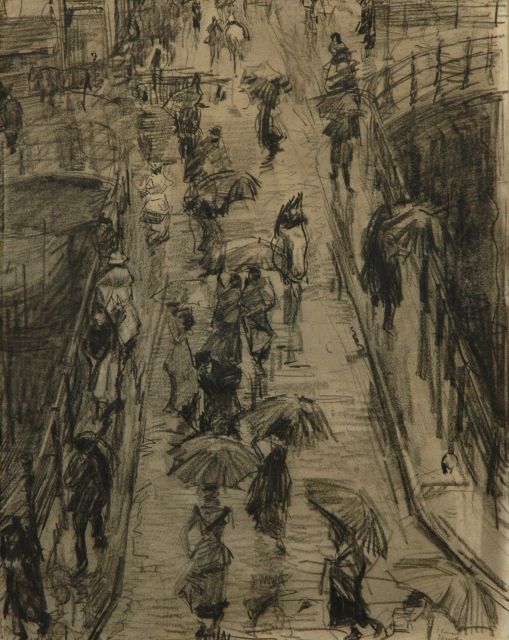 Isaac Israels | Stadsgezicht bij regen: de Leliegracht in Amsterdam, houtskool en krijt op papier, 62,0 x 47,5 cm, gesigneerd r.o. en verso en te dateren ca. 1890-1894