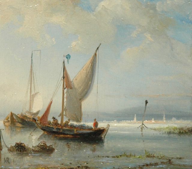 Nicolaas Riegen | Vissersschepen op kalm water, olieverf op paneel, 9,2 x 10,2 cm, gesigneerd l.o. met initialen en gedateerd '71