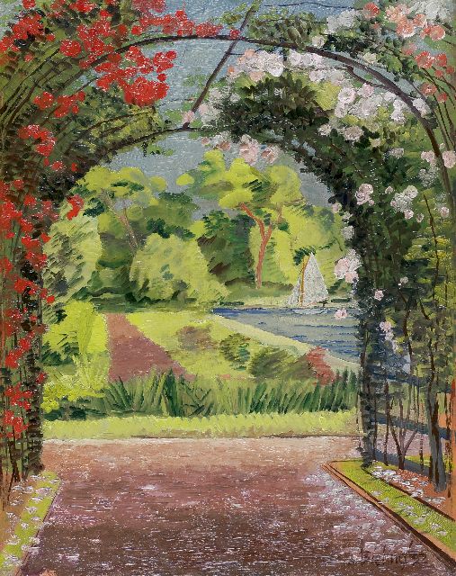 Herman Bieling | Rozenprieel in Plaswijckpark aan het water, olieverf op paneel, 39,3 x 30,7 cm, gesigneerd r.o. en gedateerd '32