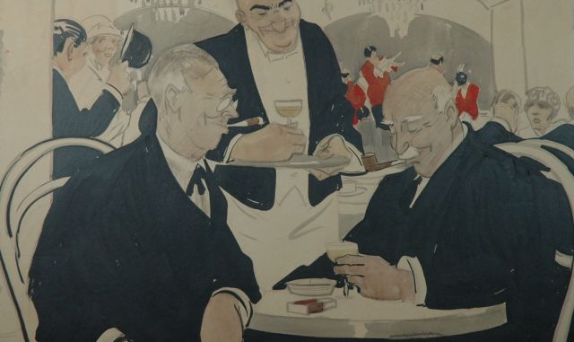 Piet van der Hem | Het borreluurtje, inkt en aquarel op papier, 53,8 x 86,8 cm