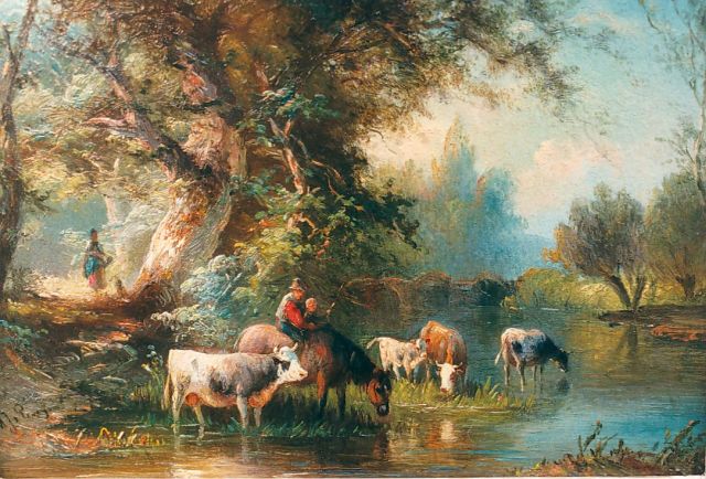 Albert Jurardus van Prooijen | Drinkend vee, olieverf op paneel, 15,5 x 21,7 cm, gesigneerd l.o.