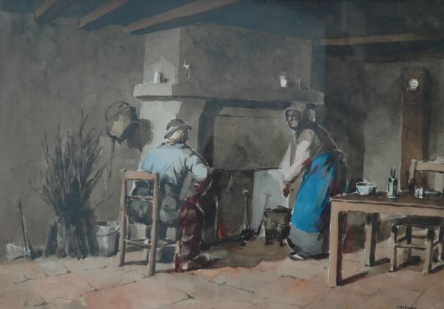 Auguste Lucien Bognard | Bij het haardvuur, aquarel op papier, 36,4 x 51,0 cm, gesigneerd r.o.