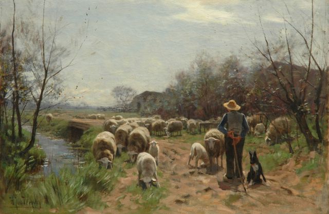Herman van der Weele | Schaapherder met kudde, olieverf op doek, 58,1 x 86,5 cm, gesigneerd l.o.