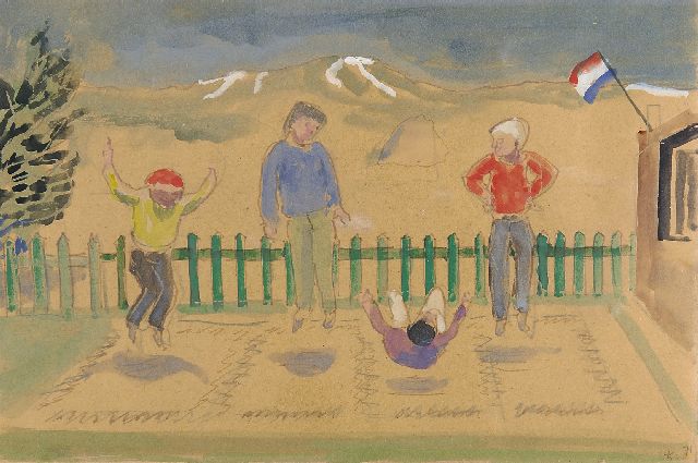 Harm Kamerlingh Onnes | Trampolinespringers op Terschelling, pen, inkt en aquarel op papier, 19,4 x 29,7 cm, gesigneerd r.o. met monogram en gedateerd '71