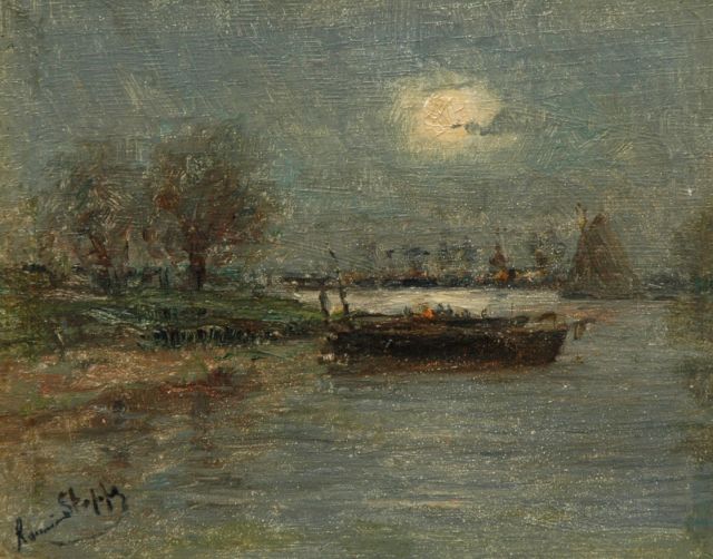 Romain Steppe | Zonsondergang op de Schelde, olieverf op paneel, 11,5 x 14,9 cm, gesigneerd l.o.