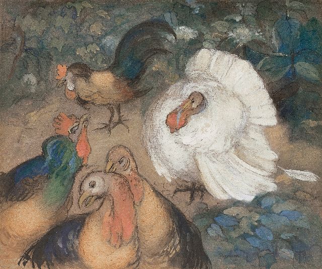 Hoytema Th. van | Pluimvee, krijt en aquarel op board 49,6 x 59,6 cm, gesigneerd r.o. met monogram en voluit