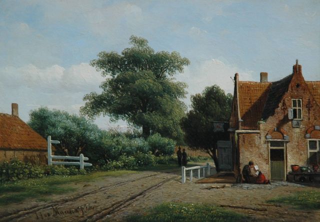 Jacob Jan van der Maaten | Figuren bij een huis langs een zandpad, olieverf op paneel, 17,0 x 25,0 cm, gesigneerd l.o. en gedateerd '48
