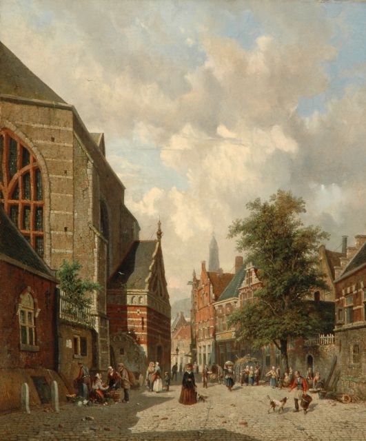 Adrianus Eversen | Een Hollandse straat met figuren, olieverf op doek, 71,5 x 59,4 cm, gesigneerd l.o.