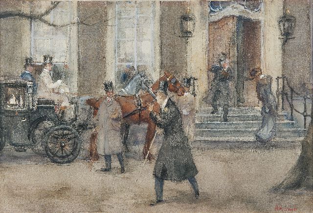 Thies Luijt | Bedrijvigheid voor Lange Voorhout 32, Den Haag, potlood en aquarel op papier, 33,6 x 50,0 cm, gesigneerd r.o.
