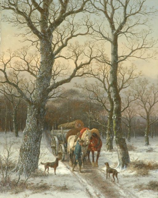 Caesar Bimmermann | Houthakker met mallejan op besneeuwd bospad, olieverf op doek, 96,6 x 78,0 cm, gesigneerd r.o. en gedateerd 'Dldf 1886'