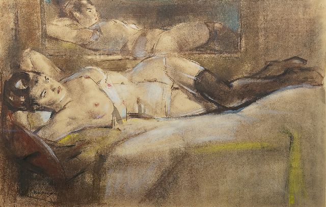 Han van Meegeren | Liggend naakt voor een spiegel, pastel op papier, 61,0 x 95,0 cm, gesigneerd l.o.