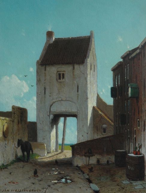 Jan Weissenbruch | De stadspoort van Leerdam, olieverf op paneel, 19,0 x 14,7 cm, gesigneerd l.o.