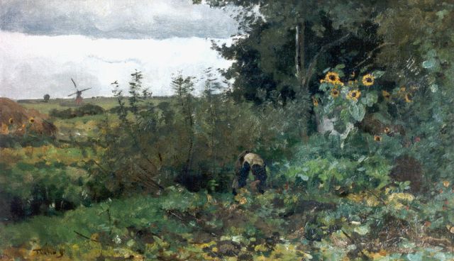 Willem Bastiaan Tholen | Sprokkelaar in de moestuin, olieverf op paneel, 29,1 x 49,2 cm, gesigneerd l.o.