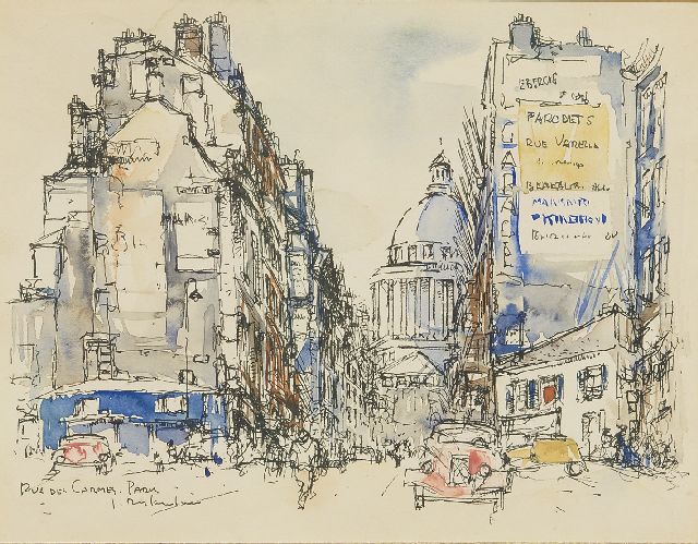 Jan Rijlaarsdam | De Rue des Carmes, Parijs, met een Citroën Traction Avant, pen, inkt en aquarel op papier, 18,9 x 24,2 cm, gesigneerd l.o. en te dateren jaren '50
