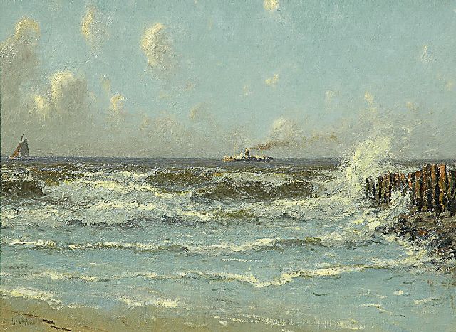 Henk Dekker | Schepen voor de Noordzeekust, olieverf op doek, 43,0 x 58,0 cm, gesigneerd l.o.