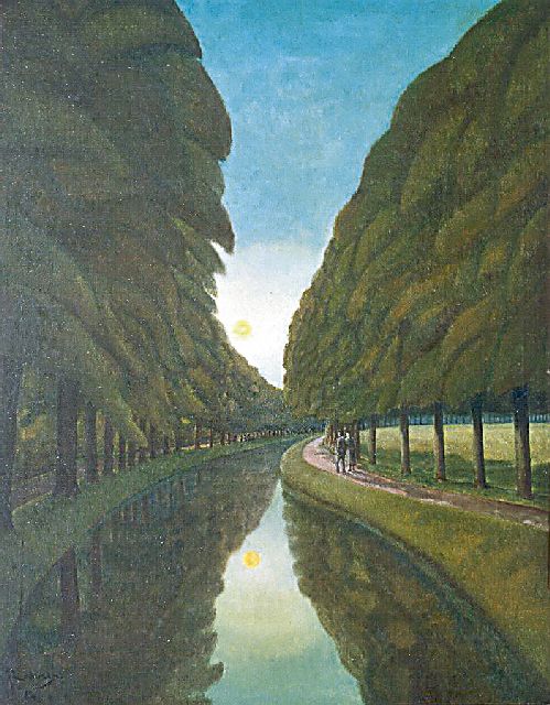 Jo Lodeizen | Wandelaars op een pad langs het water, olieverf op doek, 90,1 x 70,4 cm, gesigneerd l.o. en gedateerd '52