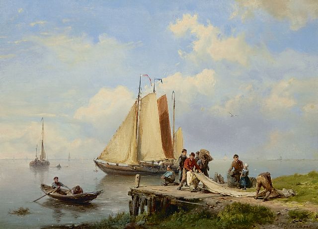 Hermanus Koekkoek | Het opvouwen van de zeilen, olieverf op paneel, 19,3 x 26,3 cm, gesigneerd r.o.