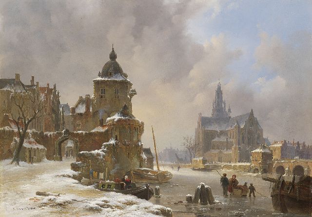 Bart van Hove | Winters stadsgezicht met bevroren rivier, olieverf op paneel, 34,2 x 48,5 cm, gesigneerd l.o.
