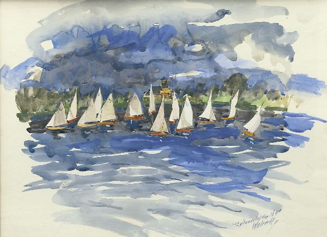 Ben Walrecht | Zeilwedstrijd 16m2 op het Zuidlaardermeer, aquarel op papier, 38,5 x 48,4 cm, gesigneerd r.o.