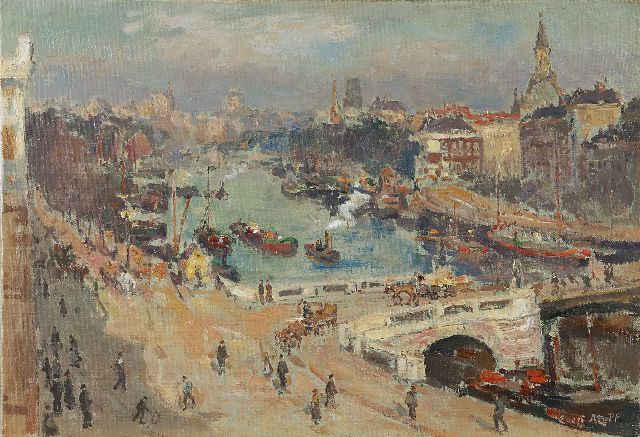 Evert Moll | Zonnige wintermorgen rond de Leuvehaven, Rotterdam, olieverf op doek, 30,9 x 44,4 cm, gesigneerd r.o.