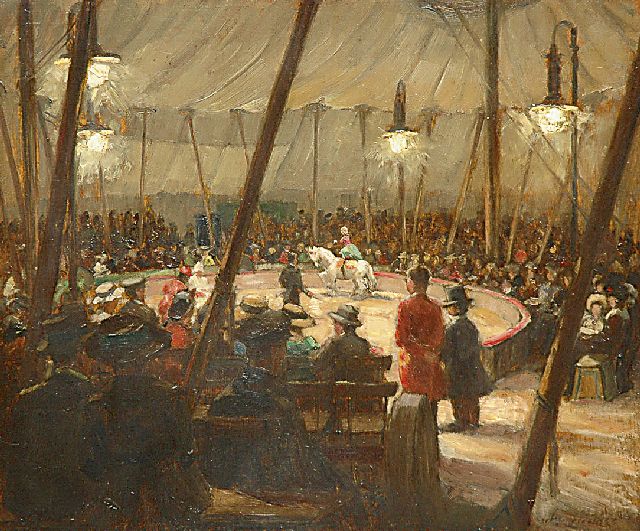 Böcher A.  | De circusvoorstelling, olieverf op paneel 42,6 x 50,0 cm, gesigneerd r.o.