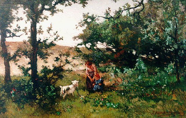 Johannes Evert Akkeringa | Geitje voeren in de duinen, olieverf op doek, 27,0 x 41,3 cm, gesigneerd r.o.