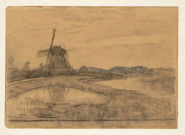 Piet Mondriaan | De Oostzijdse Molen aan het Gein bij Abcoude, zwart en wit krijt op papier, 24,5 x 36,0 cm, gesigneerd l.o. en gedateerd 1903