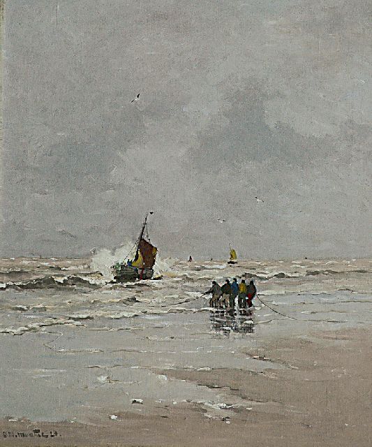 Morgenstjerne Munthe | Lijnhaalders in de branding, olieverf op doek, 60,3 x 51,3 cm, gesigneerd l.o. en gedateerd '24