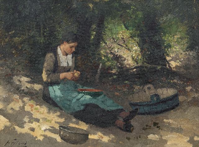 Johannes Weiland | Aardappels schillen, olieverf op doek, 40,3 x 55,4 cm, gesigneerd l.o.