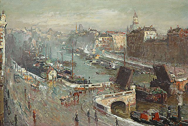 Evert Moll | Zonnige decembermorgen; de Leuvehaven in Rotterdam, olieverf op doek, 49,9 x 74,3 cm, gesigneerd l.o.