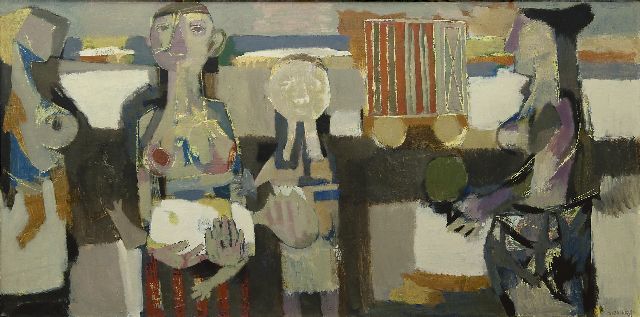 Theo Bitter | Compositie met moeder en kind, olieverf op doek, 64,9 x 129,8 cm, gesigneerd r.o. en op spieraam en gedateerd op spieraam '63