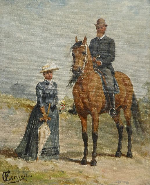 Otto Eerelman | Portret van een dame en heer in de duinen bij Scheveningen, olieverf op doek op paneel, 42,0 x 34,2 cm, gesigneerd l.o.