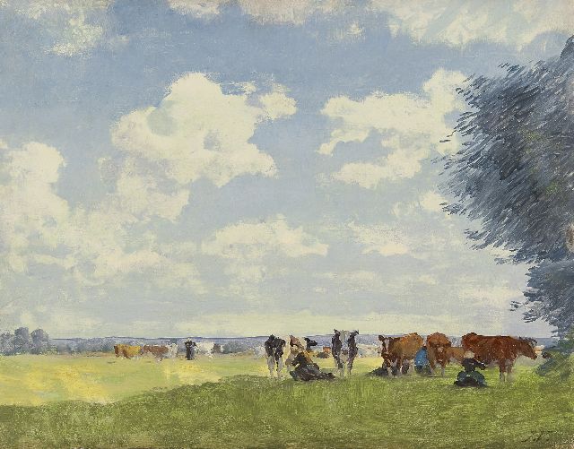 Jan Voerman sr. | Melktijd in de schaduw, olieverf op paneel, 32,3 x 41,2 cm, gesigneerd r.o. met initialen
