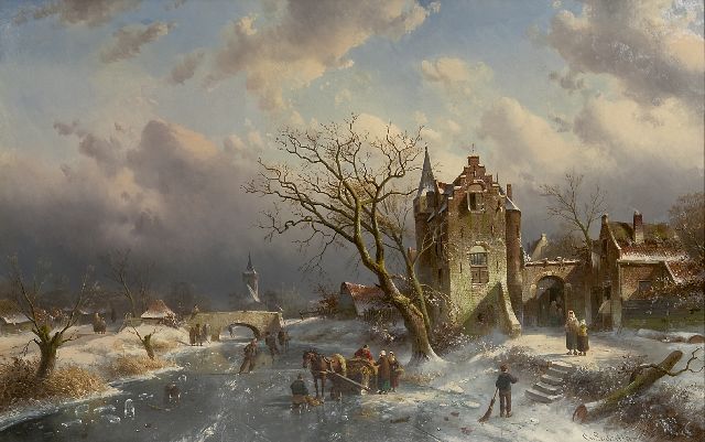 Charles Leickert | Schaatsers op een dorpsvaart, olieverf op doek, 63,7 x 100,0 cm, gesigneerd r.o. en gedateerd '71
