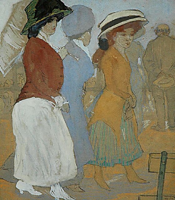 Leo Gestel | Drie vrouwen op de boulevard van Scheveningen, zwart krijt en aquarel op papier, 32,5 x 27,5 cm, gesigneerd r.o. en gedateerd 'Scheveningen '09'
