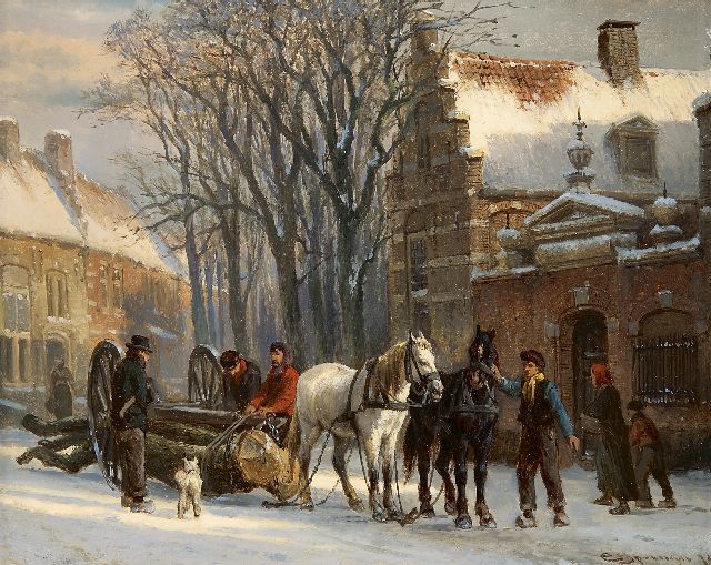 Cornelis Springer | trekpaarden met een mallejan in de Zuiderkerkstraat, Elburg, olieverf op paneel, 19,6 x 25,2 cm, gesigneerd r.o. en gedateerd '79