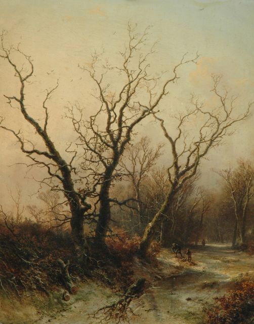 Pieter Kluyver | Winters boslandschap met houtsprokkelaars, olieverf op paneel, 54,2 x 43,0 cm, gesigneerd l.o. en gedateerd '68