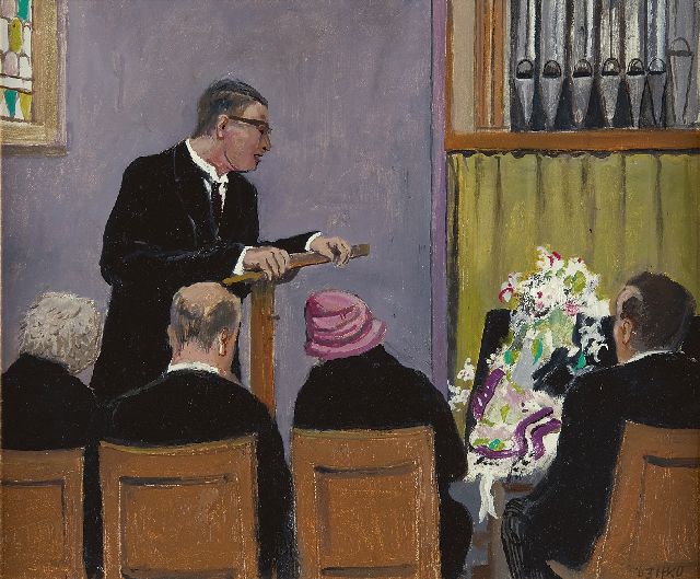 Harm Kamerlingh Onnes | De herdenking, olieverf op board, 34,1 x 40,8 cm, gesigneerd r.o. met monogram en gedateerd '63