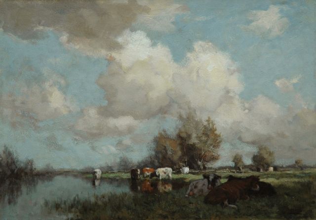 Johannes Karel Leurs | Roodbont en zwartbont vee bij een rivier, olieverf op doek, 47,3 x 67,2 cm, gesigneerd r.o.