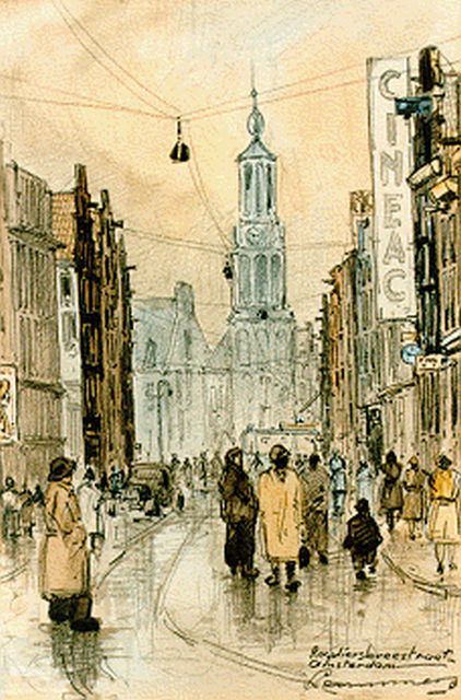 Antonius Bernardus | Reguliersbreestraat Amsterdam, gemengde techniek op papier, 23,0 x 16,0 cm, gesigneerd r.o.