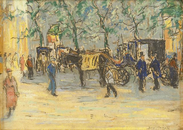 Joop Kropff | Het Buitenhof in Den Haag met wachtende huurkoetsen, pastel op board, 25,8 x 36,0 cm, gesigneerd r.o.
