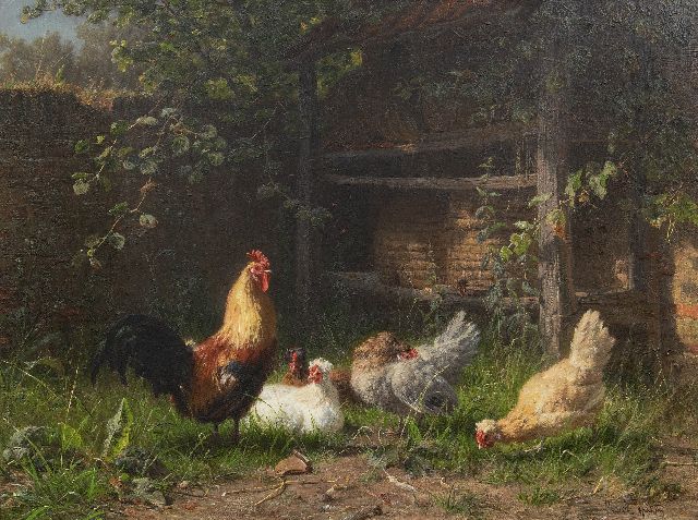 Carl Jutz | Haan en kippen bij bijenkorven, olieverf op doek, 43,0 x 58,0 cm, gesigneerd r.o.