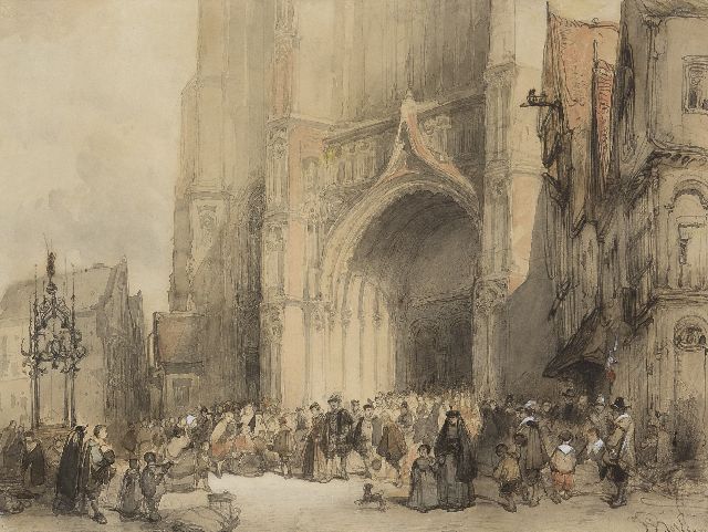 Johannes Bosboom | Na de mis in de kathedraal van Antwerpen, inkt, krijt en aquarel op papier, 30,7 x 40,7 cm, gesigneerd r.o.