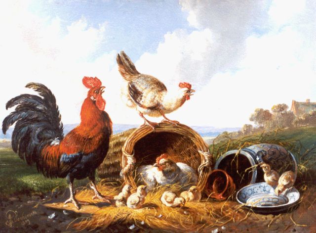 Albertus Verhoesen | Pluimvee bij een mand en Keulse pot (tezamen met 13655), olieverf op paneel, 17,9 x 24,1 cm, gesigneerd l.o. en gedateerd 1879