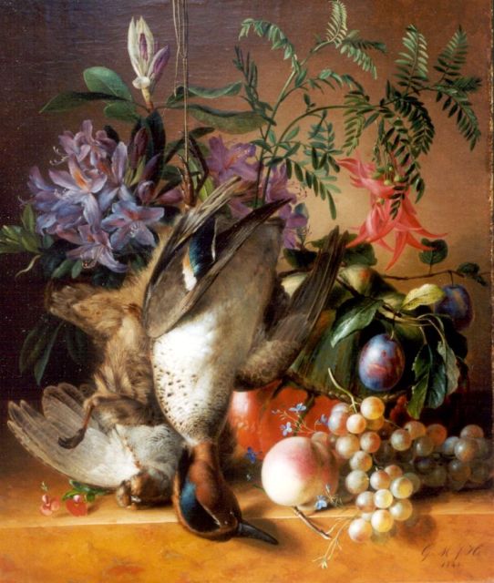 Geertruida Margaretha Jacoba Huidekoper | Stilleven met bloemen, fruit en wild, olieverf op doek op paneel, 54,2 x 46,3 cm, gesigneerd r.o. met initialen en gedateerd 1844
