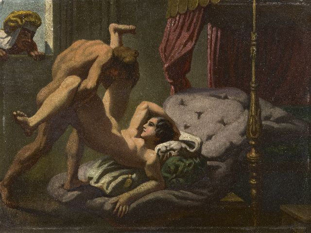 A. Fischer | De voyeur, olieverf op schildersboard, 26,0 x 34,6 cm, gesigneerd l.o.