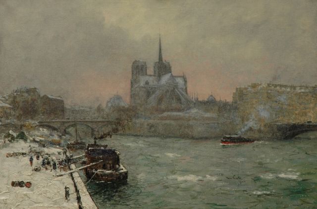 Siebe ten Cate | Vrachtschepen in de sneeuw op de Seine, Parijs, olieverf op doek, 68,8 x 101,8 cm, gesigneerd r.o./r.v.h.m. en gedateerd 1902