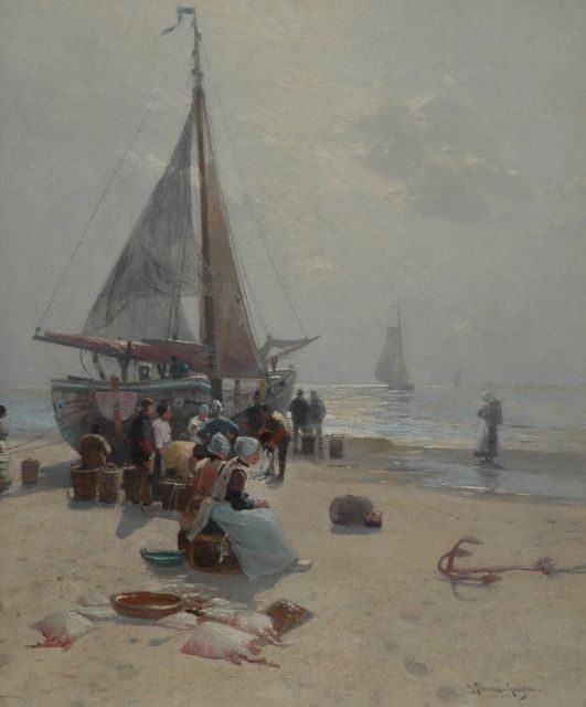 Heinrich Wilhelm Petersen-Angeln | Voor de visafslag, Egmond, olieverf op doek, 112,0 x 90,4 cm, gesigneerd r.o. en te dateren ca. 1893-1895