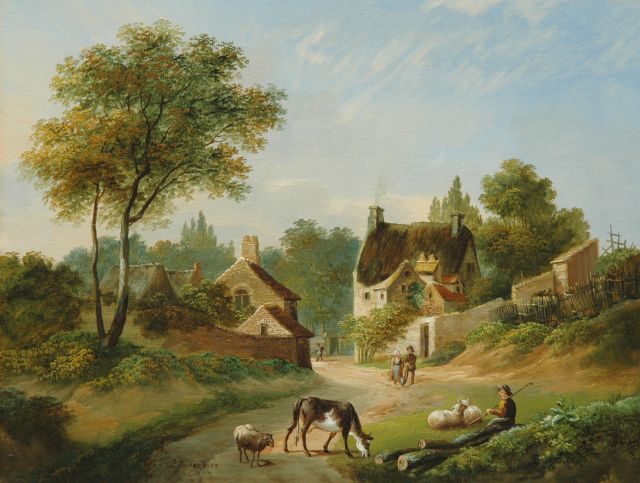 Jonker L.  | Dorpsweg met landvolk en herder, olieverf op paneel 32,1 x 41,9 cm, gesigneerd l.v.h.m. en gedateerd 1847